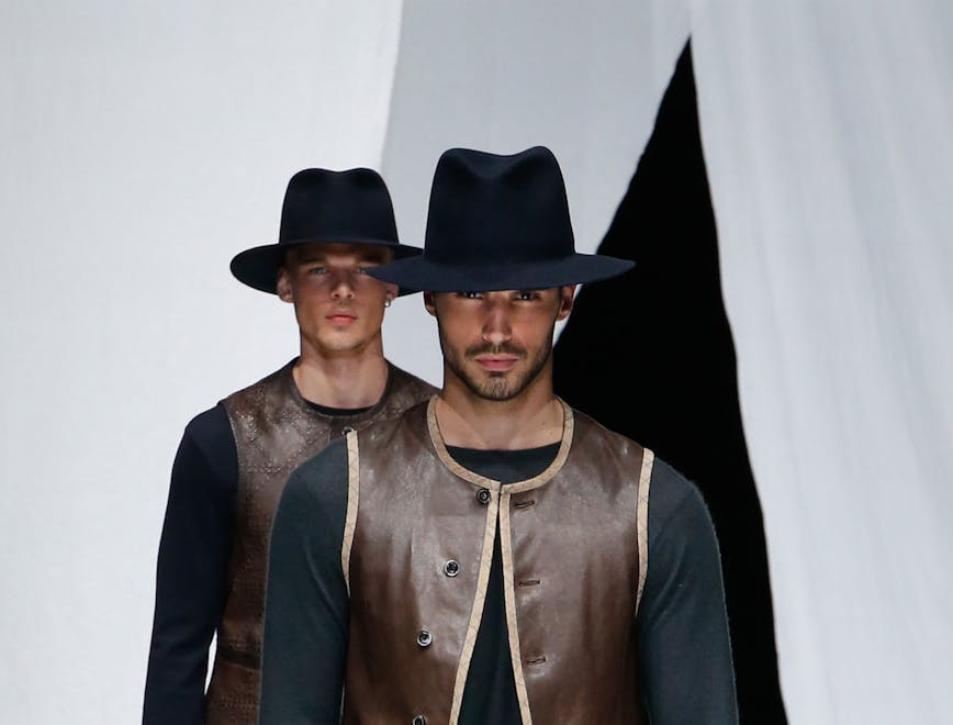 clothing apparel person human hat vest