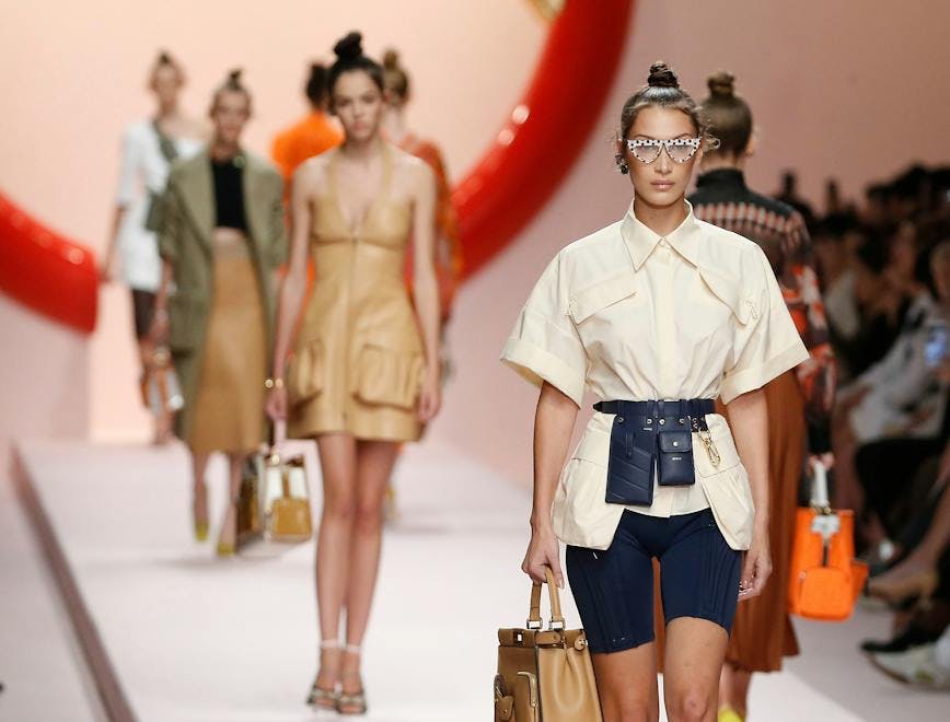 fendi show runway spring summer 2019 milan fashion week italy 20 sep 2018 bella hadid catwalk mfw ss19 model modelling female with others personality socialite 74675285 person human clothing apparel