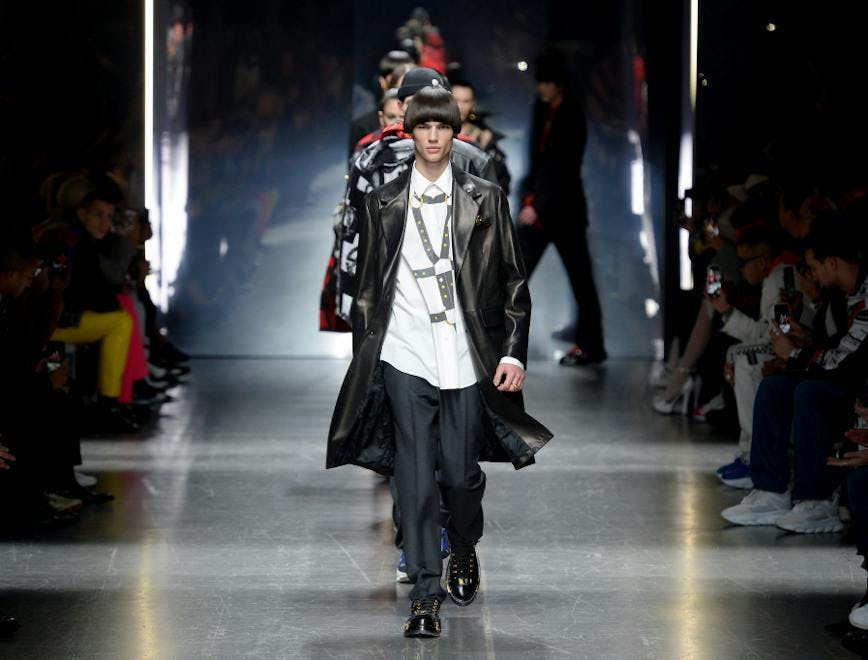 milan clothing apparel person human shoe footwear runway coat jacket